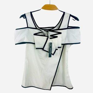 NWT Samuel Dong White Ruffle Cotton Blouse w/ Black Trim Size S